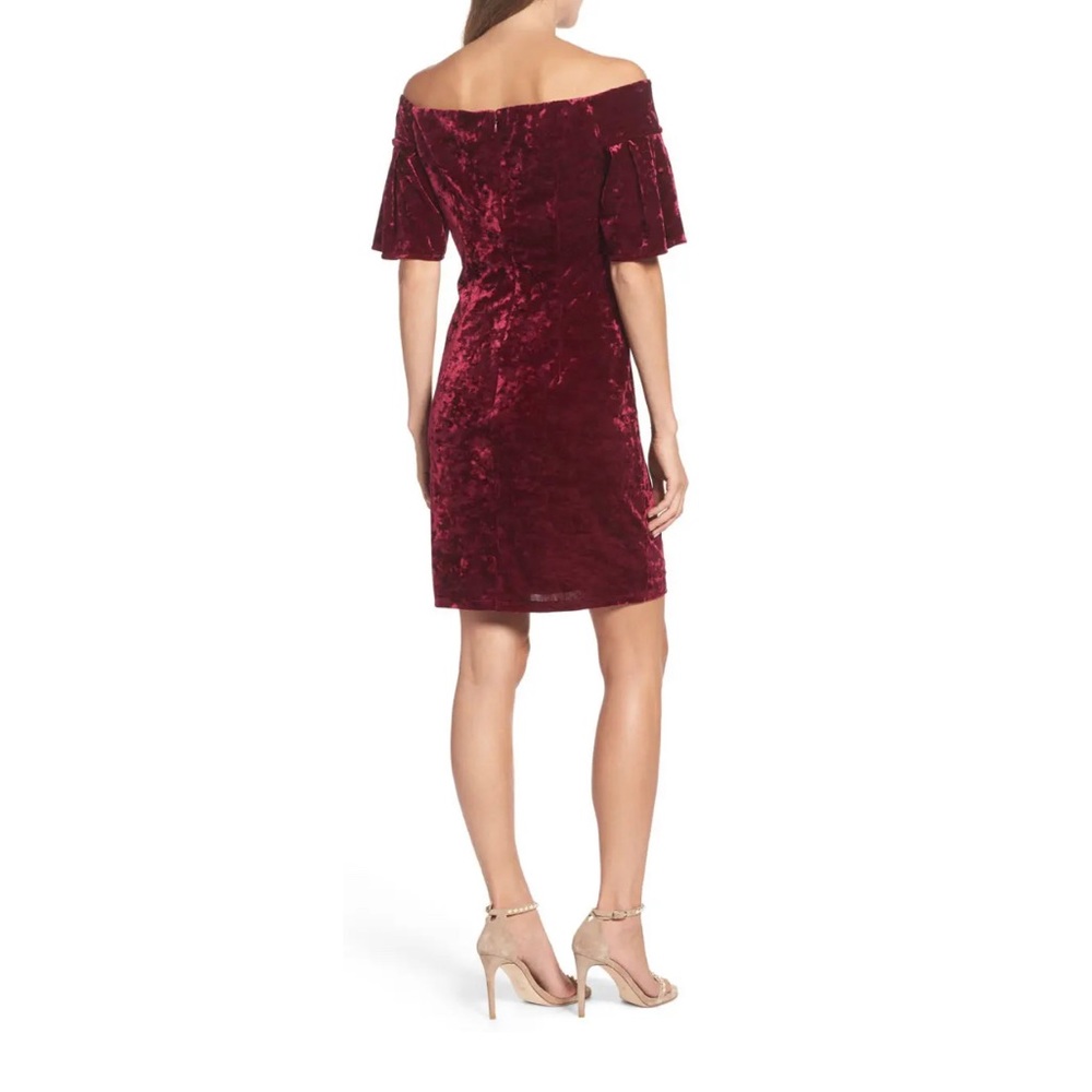 NWT Eliza J Burgundy Wine Crushed Velvet Off The Shoulder Dress, Size 2 - Picture 2 of 6